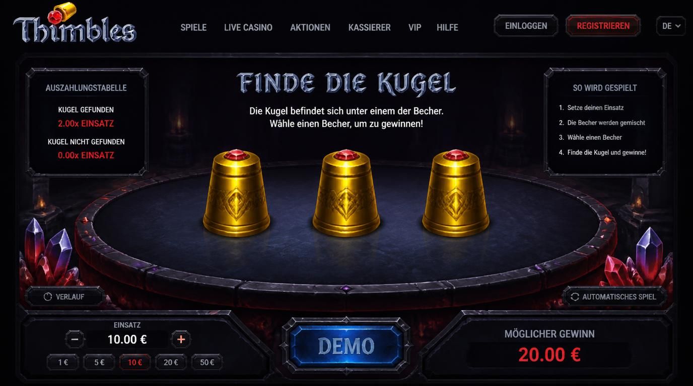 Digitale Thimbles-Demo mit Bechern, Kugel und Einsatzfeld