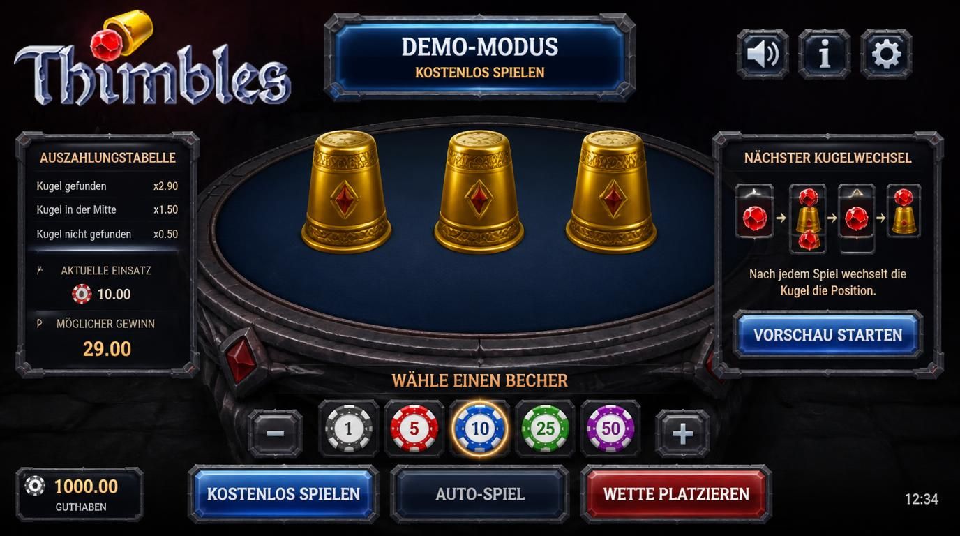Demo-Modus des Thimbles Casino Spiels mit Bechern und Spielchips