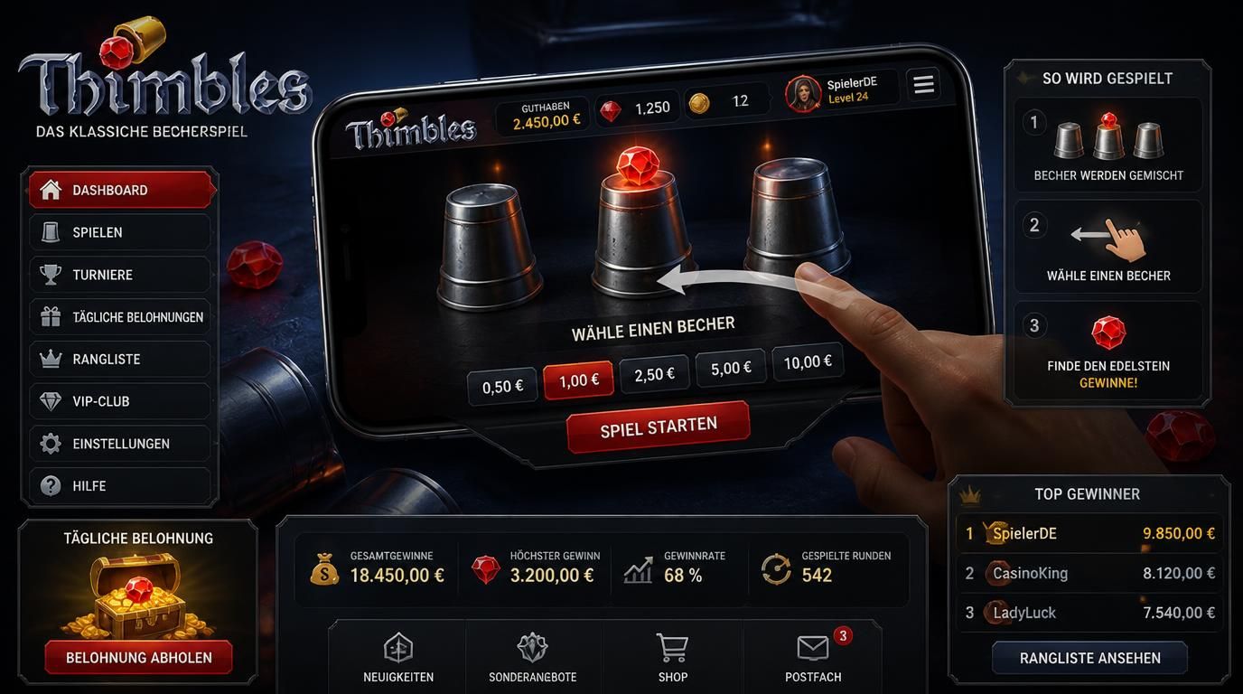 Mobile Thimbles Casino App auf einem Smartphone mit deutscher Oberfläche