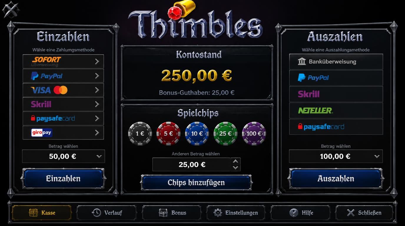 Zahlungsmethoden im Thimbles Casino mit Euro-Chips und Kassenbereich